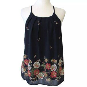 DNA Couture Cami Tank, Small, Pleated Front, Blue, Floral, Lined, EUC